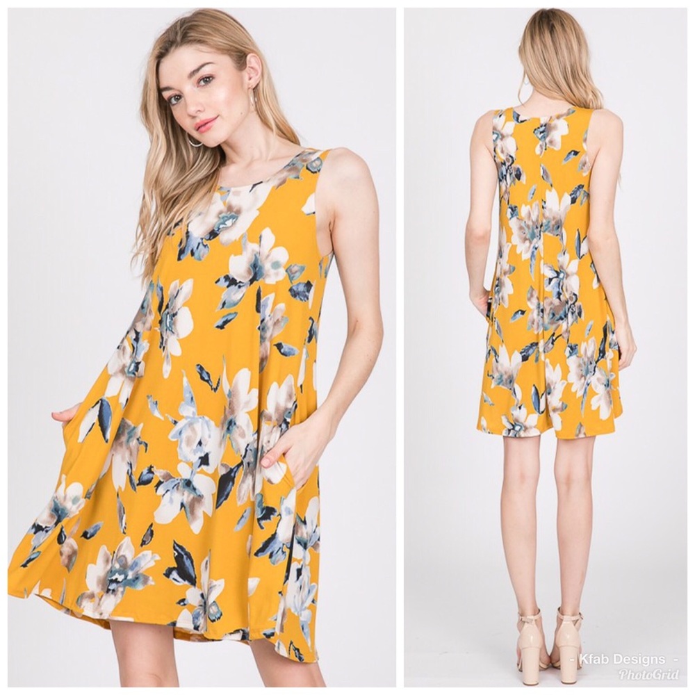 ❤️LAST 1! Mustard Floral Pocket Swing Dress! - Picture 5 of 5